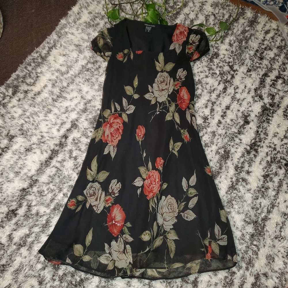 American Angel black dress with rose sheer fabric and cap sleeves